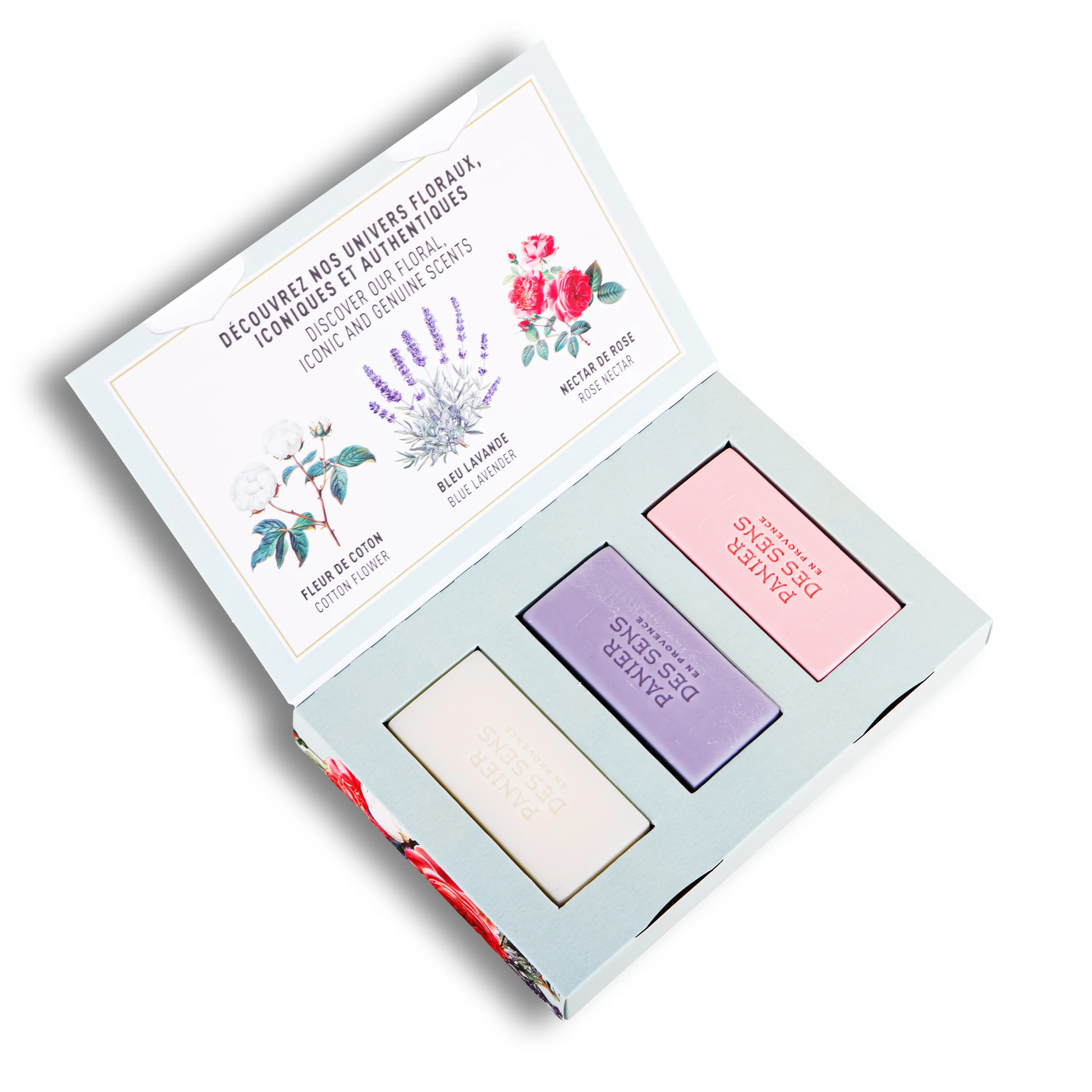 PANIER DES SENS Set de regalo 3 jabones sólidos perfumados - Algodón, Lavanda, Néctar de Rosa