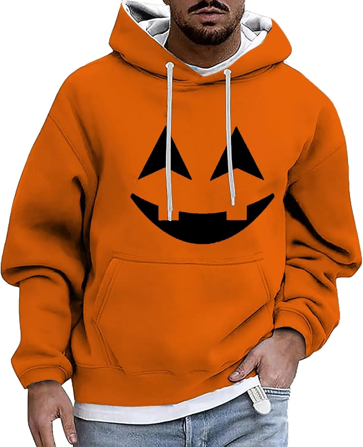 Ruamilyy Halloween Capucha Hombre Halloween Calabaza Emoji Print Sudadera Básica Hombres Cuello Redondo Manga Larga Invierno Cál