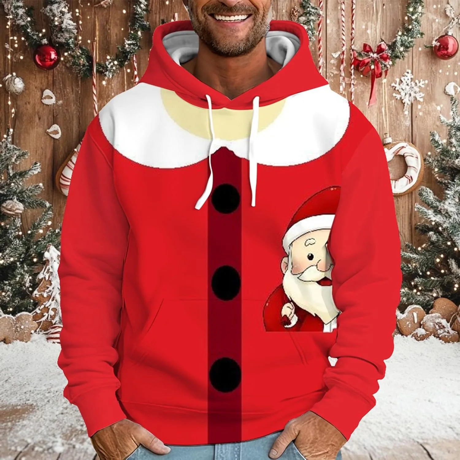 Ruamilyy Jersey de Navidad para hombre  estampado navideño  bolsillo canguro  sudadera con capucha Merry Christmas Jumper para h