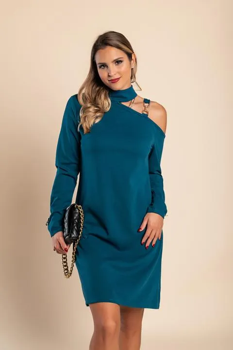 Vestido mini con detalle metálico, petróleo
